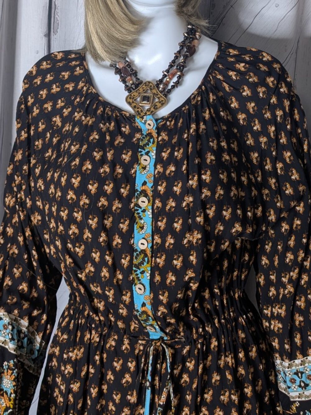 Boho Mini Dress Black Paisley Print L/S Tassel Tie Waist Size XL NWOT - Picture 3 of 12